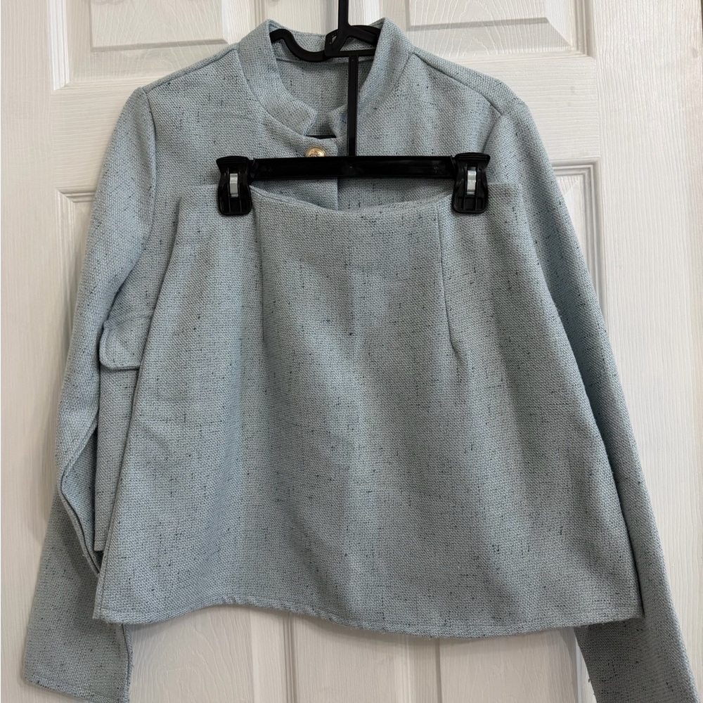 Women's Light Blue Tweed Skirt Set - Elegant Two-Piece - Picture 2 of 11